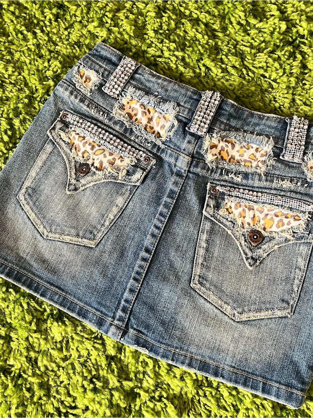 Yakum Women's Blue Leopard Animal Print Denim Mini Skirt Rhinestone Pockets Sm